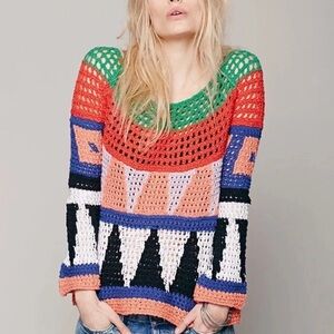 Free People Geometric Modern ArtBlock Knot Crochet Sweater 70’s Retro Boho Artsy